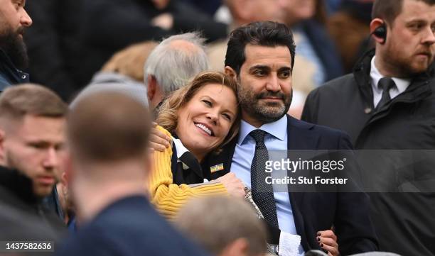 Newcastle United co-owners Amanda Staveley and husband Mehrdad Ghodoussi embrace as their Wedding anniversary is displayed on the big screen during...