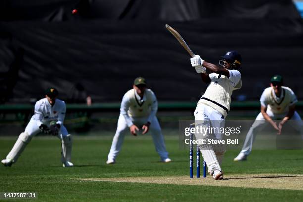 Ashley Chandrasinghe of the Bushrangers bats during the Sheffield Shield match between Tasmania and Victoria at Blundstone Arena, on October 30 in...