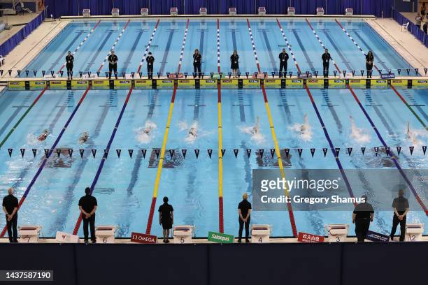 View of the Woman's 100m Backstroke Final during day two of the FINA Swimming World Cup at the Pan Am Sports Centre on October 28, 2022 in Toronto,...