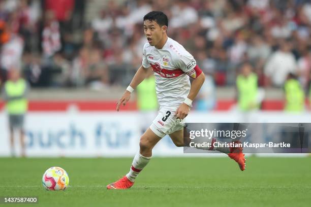 Wataru Endo of VfB Stuttgart in action during the Bundesliga match between VfB Stuttgart and FC Augsburg at Mercedes-Benz Arena on October 29, 2022...