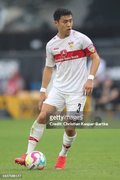 Wataru Endo of VfB Stuttgart in action during the Bundesliga match between VfB Stuttgart and FC Augsburg at Mercedes-Benz Arena on October 29, 2022...