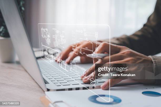 engineer working on desktop computer, displaying a software control panel with a screen showing cad, a machine learning assembly process. - computer system stock pictures, royalty-free photos & images
