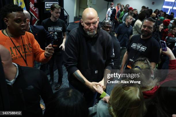 Lieutenant Governor of Pennsylvania and Democratic U.S. Senate candidate John Fetterman greets supporters during a campaign rally at Temple...