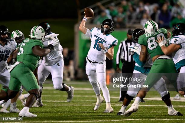 Grayson McCall of the Coastal Carolina Chanticleers throws a pass in the second quarter of the game against the Marshall Thundering Herd at Joan C....