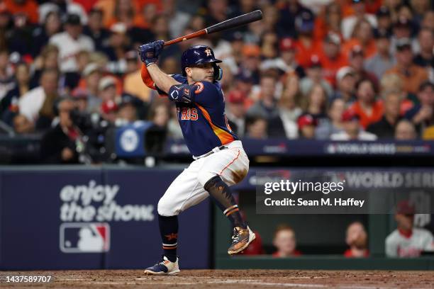 Jose Altuve of the Houston Astros at bat in the second inning against the Philadelphia Philliesin Game Two of the 2022 World Series at Minute Maid...
