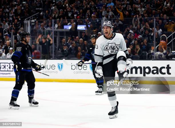 Gabriel Vilardi of the Los Angeles Kings celebrates a goal against the Toronto Maple Leafsin the second period at Crypto.com Arena on October 29,...