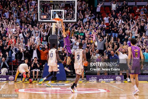 The crowd reacts after Xavier Cooks of the Kings lands a basket during the round five NBL match between Sydney Kings and Cairns Taipans at Qudos Bank...