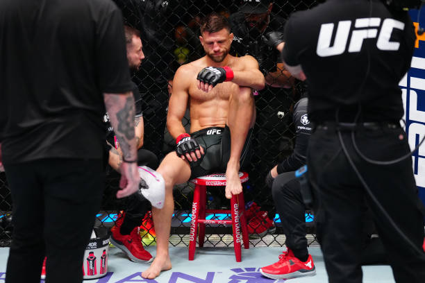 Calvin Kattar reacts after his loss to Arnold Allen of England in a featherweight fight during the UFC Fight Night event at UFC APEX on October 29,...