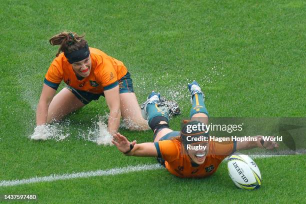Emily Chancellor of Australia celebrates scoring a try during the Rugby World Cup 2021 New Zealand Quarterfinal match between England and Australia...