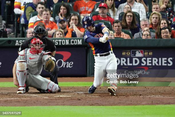 Alex Bregman of the Houston Astros hits a two run home run in the fifth inning against the Philadelphia Phillies in Game Two of the 2022 World Series...