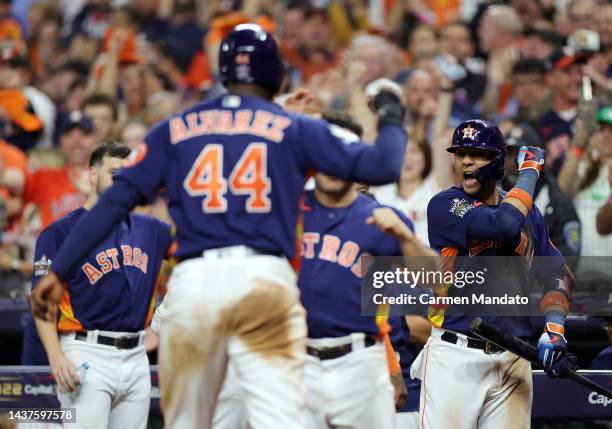 Yuli Gurriel of the Houston Astros celebrates Alex Bregman two run home run in the fifth inning against the Philadelphia Phillies in Game Two of the...