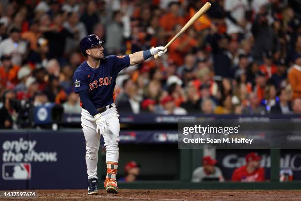 Alex Bregman of the Houston Astros hits a two run home run in the fifth inning against the Philadelphia Phillies in Game Two of the 2022 World Series...