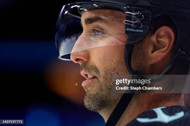 Sweat drips from Jordan Eberle of the Seattle Kraken before the game against the Pittsburgh Penguins at Climate Pledge Arena on October 29, 2022 in...