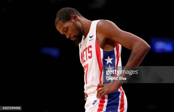 Kevin Durant of the Brooklyn Nets reacts in the fourth quarter against the Indiana Pacers at Barclays Center on October 29, 2022 in the Brooklyn...