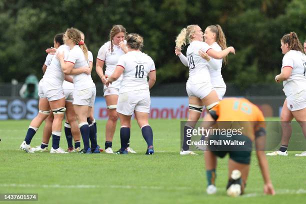 England celebrate onb full time during Rugby World Cup 2021 New Zealand Quarterfinal match between England and Australia at Waitakere Stadium on...