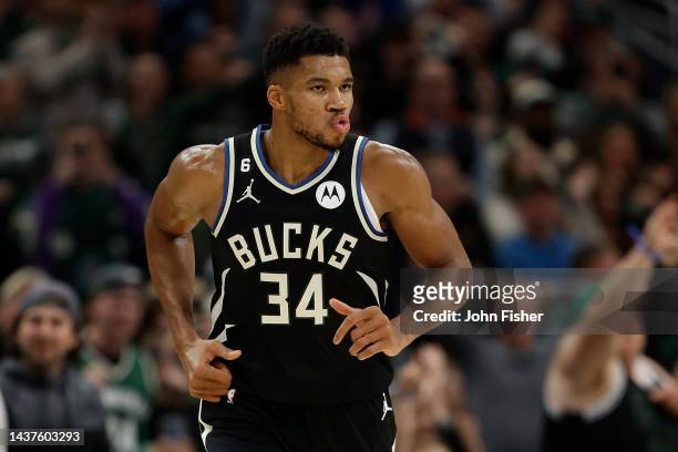 Giannis Antetokounmpo of the Milwaukee Bucks reacts after scoring late in the game against the Atlanta Hawks at Fiserv Forum on October 29, 2022 in...