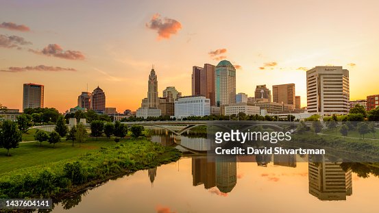 A high-level view of Downtown Columbus Ohio and Scioto Mile Park at Sunrise,  Columbus, OH - USA