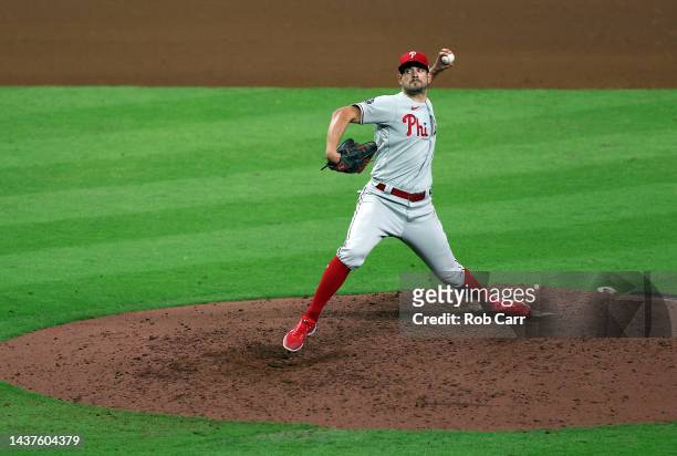 Brad Hand of the Philadelphia Phillies pitches in the eighth inning against the Houston Astros in Game Two of the 2022 World Series at Minute Maid...
