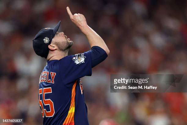 Ryan Pressly of the Houston Astros celebrates a win over the Philadelphia Phillies in Game Two of the 2022 World Series at Minute Maid Park on...