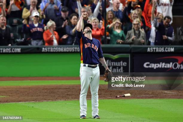 Ryan Pressly of the Houston Astros celebrates a win over the Philadelphia Phillies in Game Two of the 2022 World Series at Minute Maid Park on...