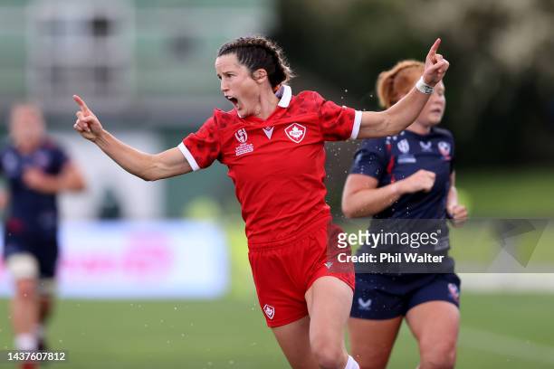 Elissa Alarie of Canada celebrates during Rugby World Cup 2021 New Zealand Quarterfinal match between Canada and USA at Waitakere Stadium on October...