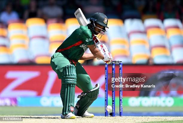 Najmul Hossain Shanto of Bangladesh plays a shot during the ICC Men's T20 World Cup match between Bangladesh and Zimbabwe at The Gabba on October 30,...