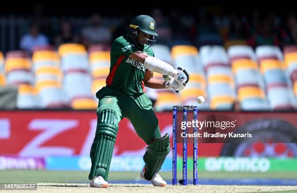 Shakib Al Hasan of Bangladesh plays a shot during the ICC Men's T20 World Cup match between Bangladesh and Zimbabwe at The Gabba on October 30, 2022...