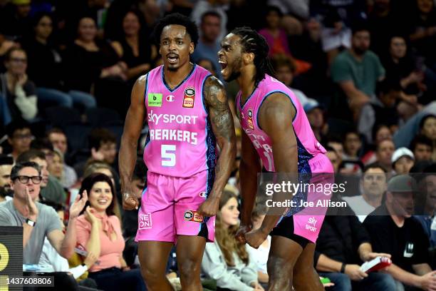 Barry Brown Jr and Jarrell Brantley of the Breakers celebrate during the round five NBL match between New Zealand Breakers and Tasmania Jackjumpers...