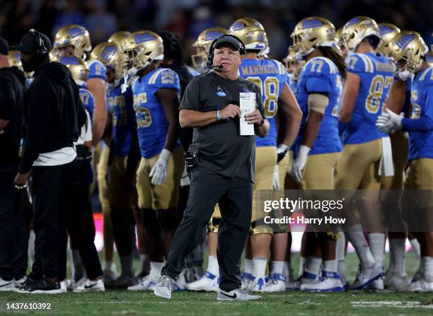 Head coach Chip Kelly of the UCLA Bruins looks up after a stop in play during the first quarter against the Stanford Cardinal at Rose Bowl on October...