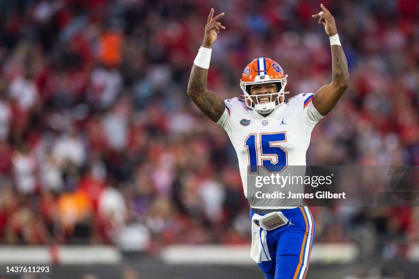 Anthony Richardson of the Florida Gators celebrates after scoring a touchdown during the second half of a game against the Georgia Bulldogs at TIAA...