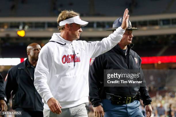 Head coach Lane Kiffin of the Mississippi Rebels walks to the locker room after defeating the Texas A&M Aggies at Kyle Field on October 29, 2022 in...