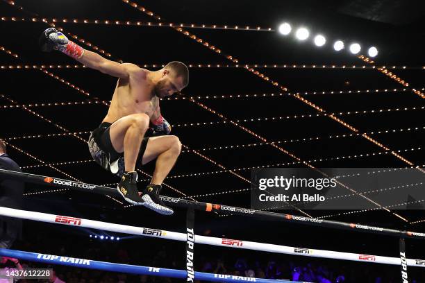 Vasiliy Lomachenko prepares to fight Jamaine Ortiz during their lightweight bout at The Hulu Theater at Madison Square Garden on October 29, 2022 in...