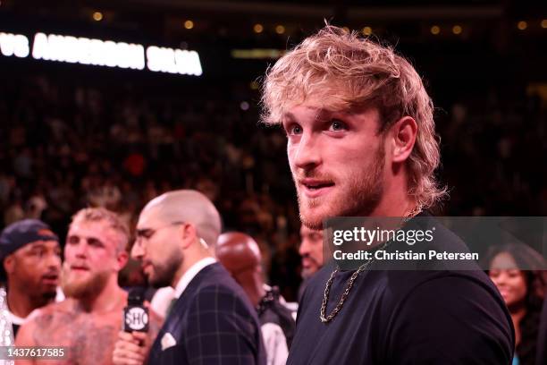Logan Paul attends the cruiserweight bout between Jake Paul and Anderson Silva of Brazil at Desert Diamond Arena on October 29, 2022 in Glendale,...