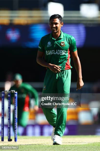 Mustafizur Rahman of Bangladesh celebrates taking the wicket of Milton Shumba of Zimbabwe during the ICC Men's T20 World Cup match between Bangladesh...