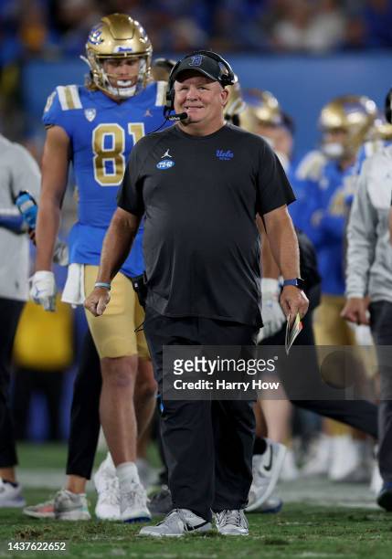 Head coach Chip Kelly of the UCLA Bruins smiles on the sidelines during the first quarter in a 38-13 win over the Stanford Cardinal at Rose Bowl on...