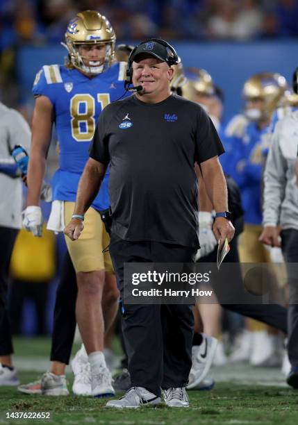 Head coach Chip Kelly of the UCLA Bruins smiles on the sidelines during the first quarter in a 38-13 win over the Stanford Cardinal at Rose Bowl on...