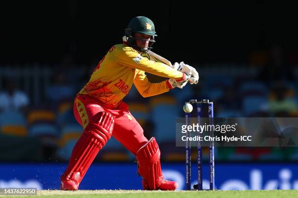 Sean Williams of Zimbabwe bats during the ICC Men's T20 World Cup match between Bangladesh and Zimbabwe at The Gabba on October 30, 2022 in Brisbane,...