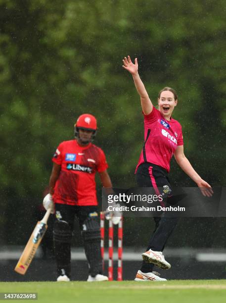 Lauren Cheatle of the Sixers appeals to the Umpire during the Women's Big Bash League match between the Melbourne Renegades and the Sydney Sixers at...
