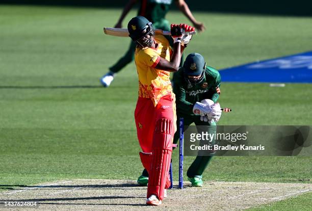 Nurul Hasan of Bangladesh stumps Blessing Muzarabani of Zimbabwe but the wicket is called back due to a no ball bowled during the ICC Men's T20 World...