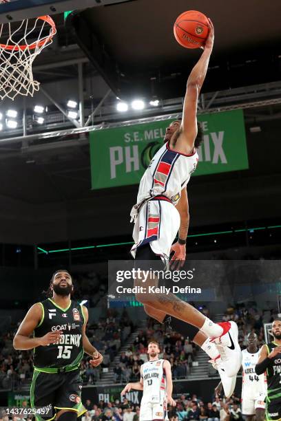 Craig Randall II of the 36ers dunks during the round five NBL match between South East Melbourne Phoenix and Adelaide 36ers at John Cain Arena, on...