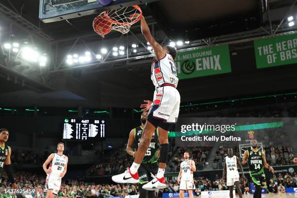 Craig Randall II of the 36ers dunks during the round five NBL match between South East Melbourne Phoenix and Adelaide 36ers at John Cain Arena, on...