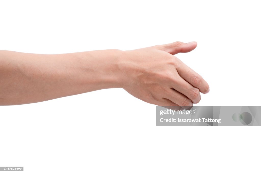 Woman's hand outstretched in a helping hand, caring gesture. Isolated on white.