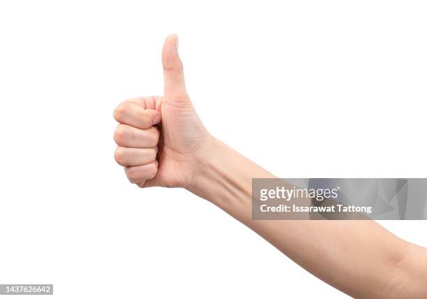 beautiful woman's hand showing one or like count isolated on white background. - thumbs up stockfoto's en -beelden