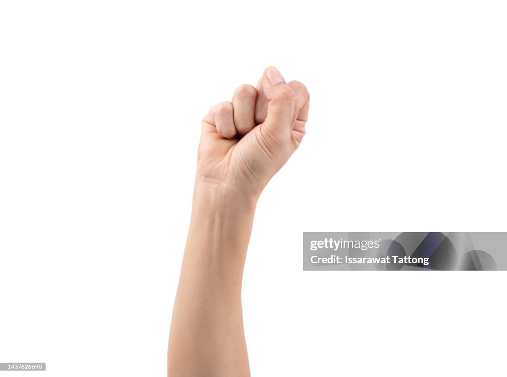 Close up Asian female hand show stranglehold, arm and hand isolated on a white background