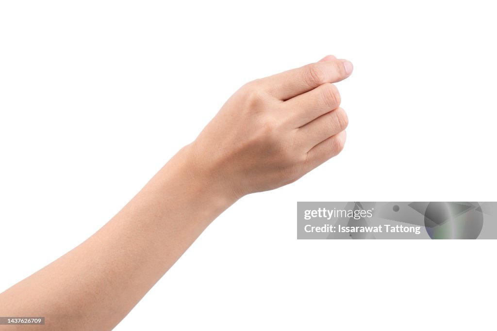 Female hand holding a virtual card with your fingers on a white background