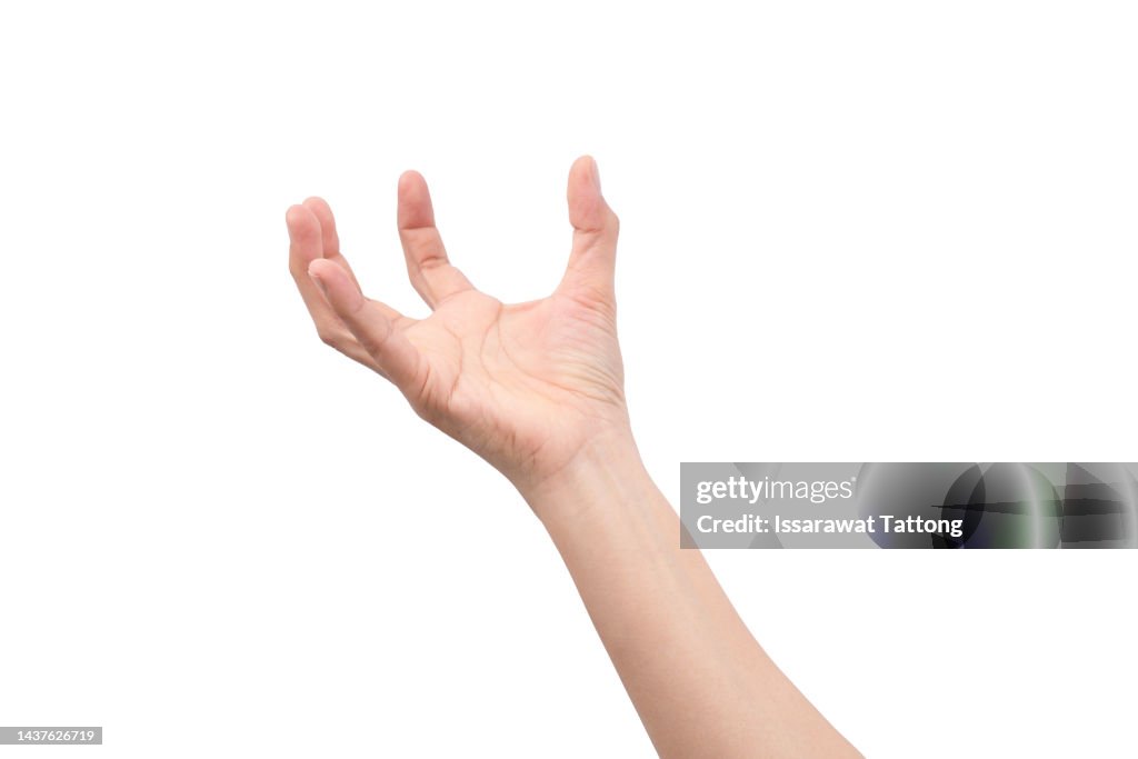 A hand holding something like a bottle or smartphone on white background, hand isolated on white background