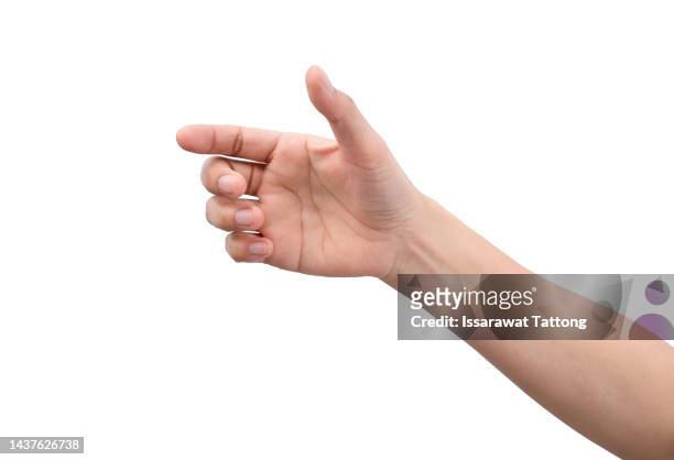 a hand holding something like a bottle or smartphone on white backgrounds, isolated - hand showing stock-fotos und bilder