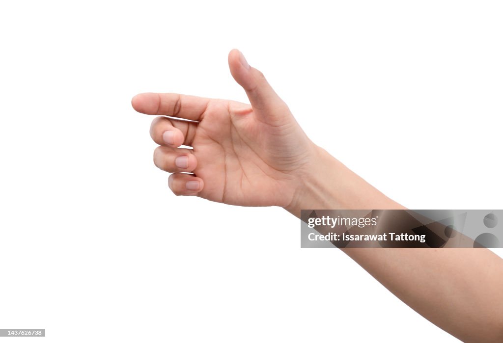A hand holding something like a bottle or smartphone on white backgrounds, isolated