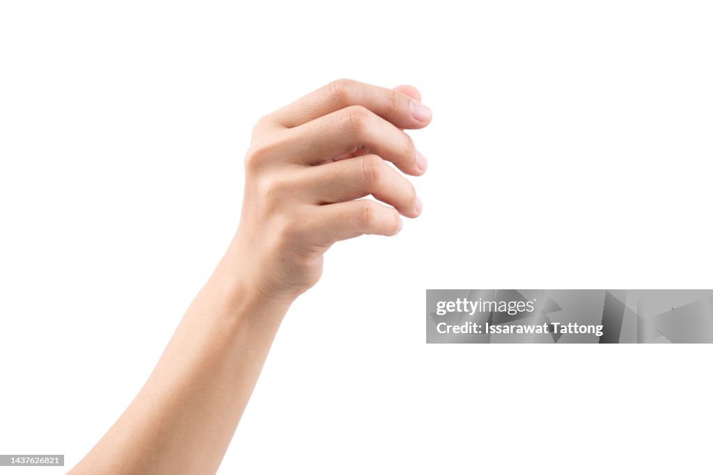 A hand holding something like a bottle or smartphone on white backgrounds, isolated