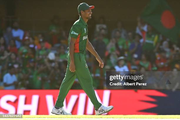 Soumya Sarkar of Bangladesh smiles after their victory during the ICC Men's T20 World Cup match between Bangladesh and Zimbabwe at The Gabba on...